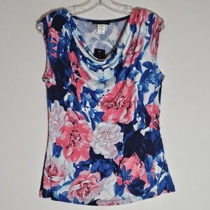 Jennie & Marlis Tank Womens Medium Multicolor Blue Pink Floral Cowl Neck Stretch